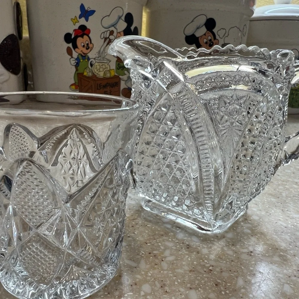 Vintage Clear Cut Glass Creamer and Toothpick Holder